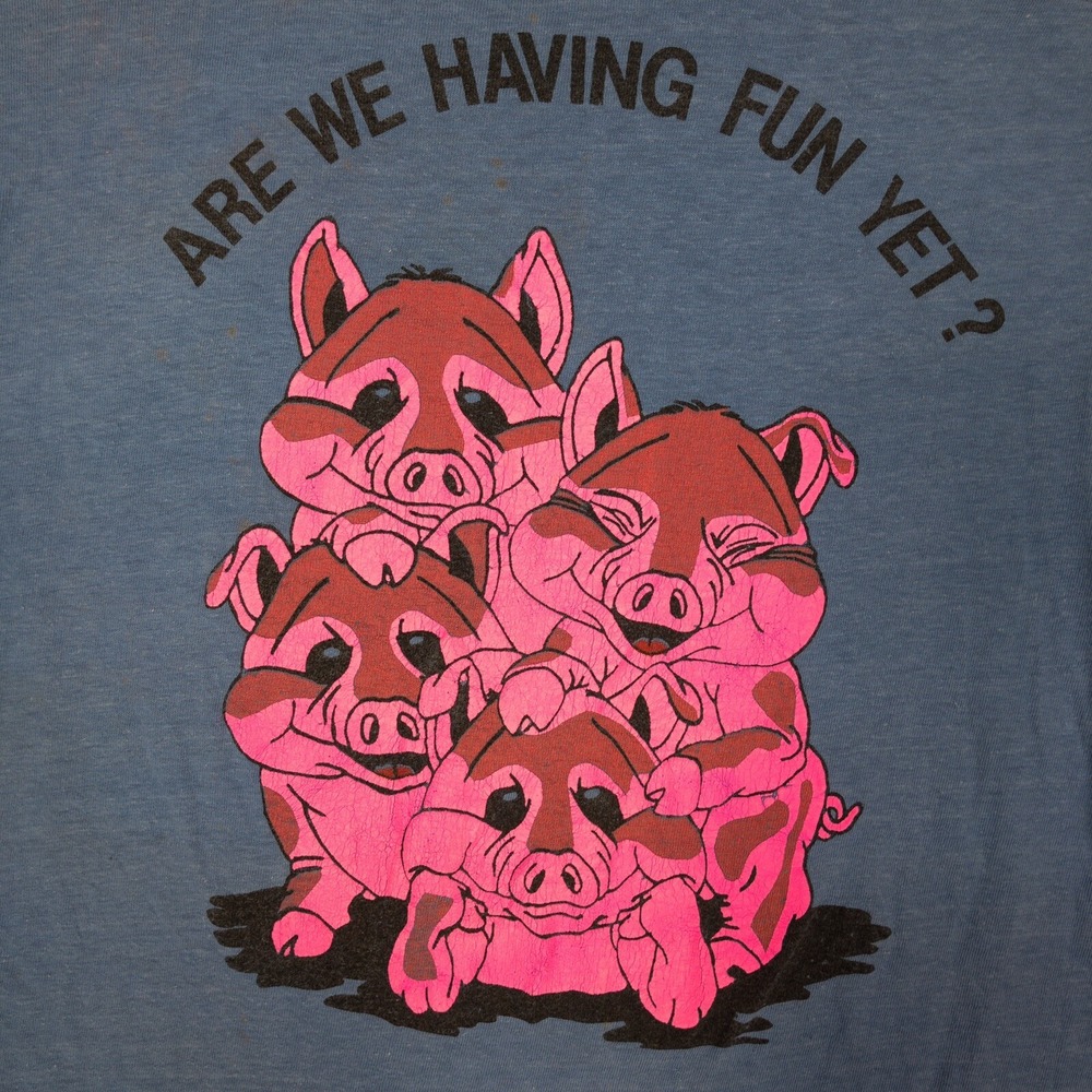vintage single stitch Neon Pink Pigs Graphic Blue Pocket t shirt Size M Normcore